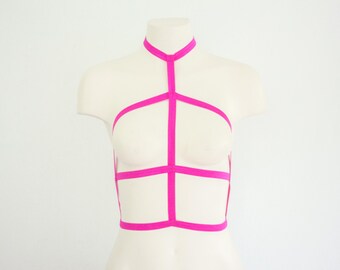 Pink Cage Bralette: Crop Top, Festival Outfit, Glow Clothing, Rose Lingerie, Neon Clothing, Strappy Bralette, Body Harness, Exotic Dancewear