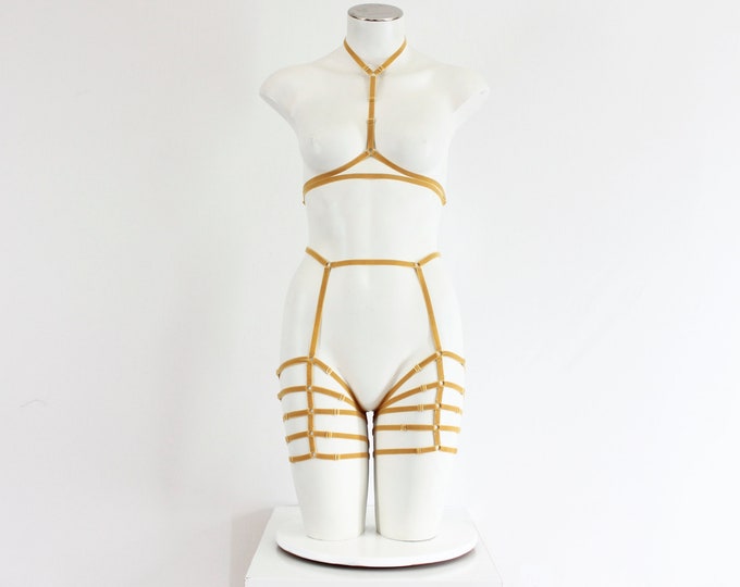 Sexy Strappy Mustard Gold Velvet Fetish Cage Harness Bra Leggings Lingerie Set: Thin Bra Strap Halter Bralette, Festival Booty Shorts, BDSM