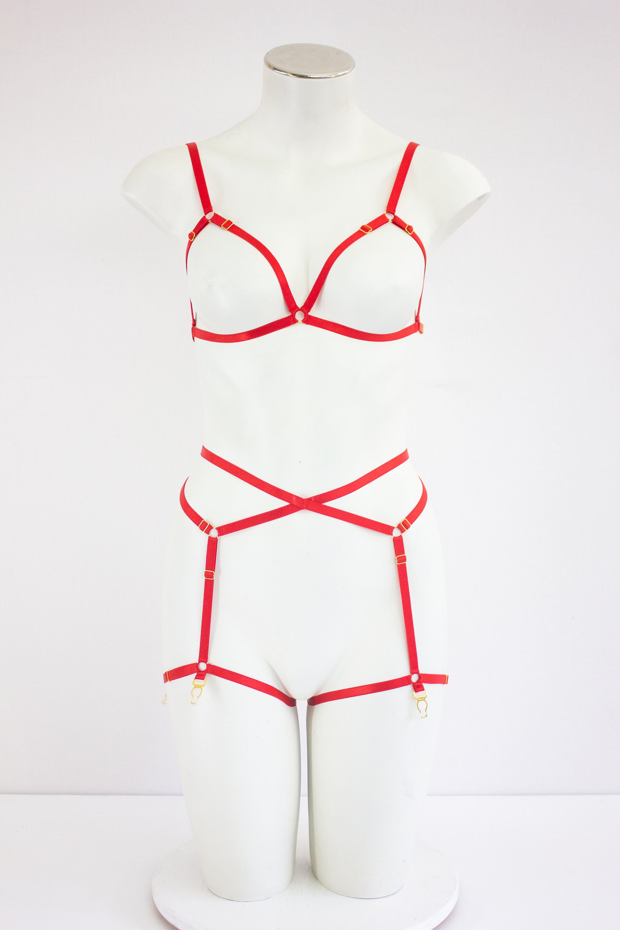 Red Body Harness Lingerie Set Red Garter Belt Cage Bralette Costume Harness Triangle Bra 
