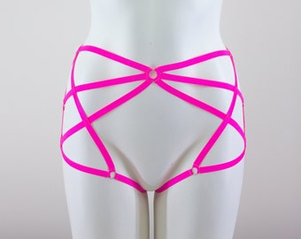 Booty Short, Open Crotch Panties,  Body Harness Lingerie, Neon Pink Rave Outfit, Strappy Exotic Dancewear, Glow Clothing, Festival Fashion