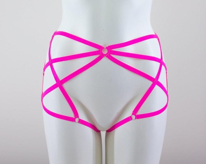 Booty Short, Open Crotch Panties,  Body Harness Lingerie, Neon Pink Rave Outfit, Strappy Exotic Dancewear, Glow Clothing, Festival Fashion