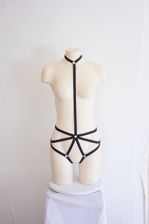 Harness Top Exotic Dancewear Festival Clothing Pole Fitness Body Harness Lingerie Set: Cage Bra black leggings Boudoir Strappy Outfit