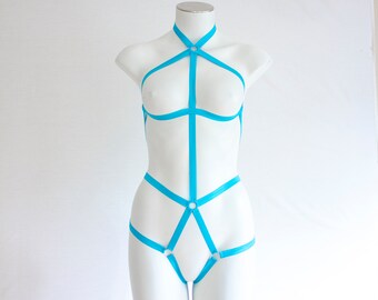 Exotic Dancewear: Rave Outfit, Festival Bodysuit, Strappy Lingerie, Blue Body Harness, High Waist, Halter Top, Neon Clothing, Open Crotch