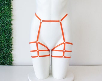 Orange Strappy Booty Shorts: Festival Harness Fashion, High Waist Underwear, Rave Harness, Pole Fitness Dance Costume, Exotic Open Crotch