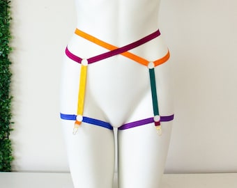Rainbow Garter Belt: Body Harness Garter Belt, Harness Lingerie, Rainbow Lingerie, Festival Lingerie, Burlesque Costume, Exotic Dancewear