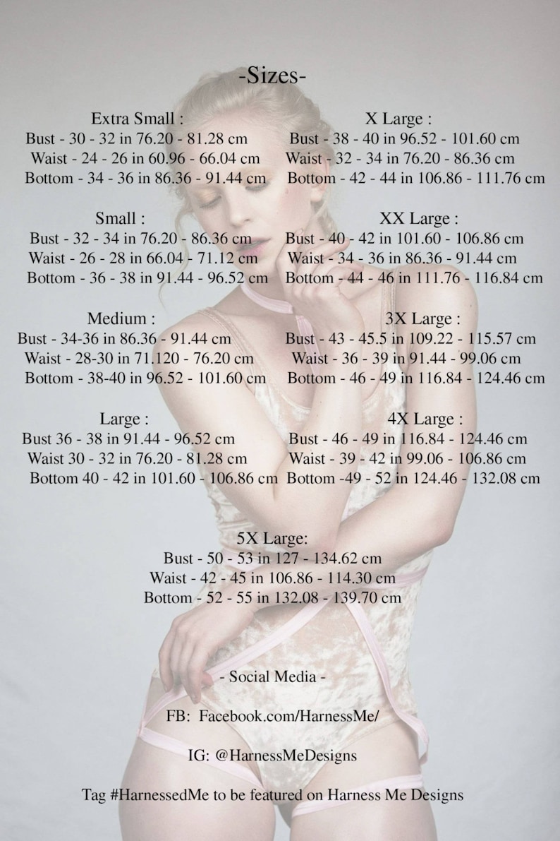 May include: A woman in a beige lingerie set with pink accents, featuring size charts for bust, waist, and bottom measurements in inches and centimeters. The image includes social media handles for Facebook and Instagram.