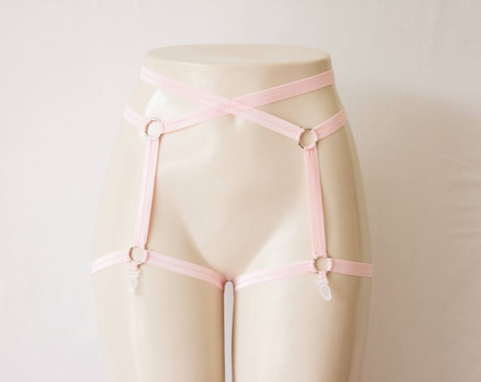 Pastel Pink Garter Belt: Pink Lingerie, Body Cage, Body Harness, Burlesque Lingerie, Cage Garters, Plus Size Lingerie, Pink Suspenders