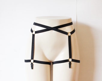 Black Garter Belt: Body Harness Lingerie, Cage Garter, High Waist Garter, Strappy Lingerie, Exotic Dancewear, Sexy Black Harness, Plus Size