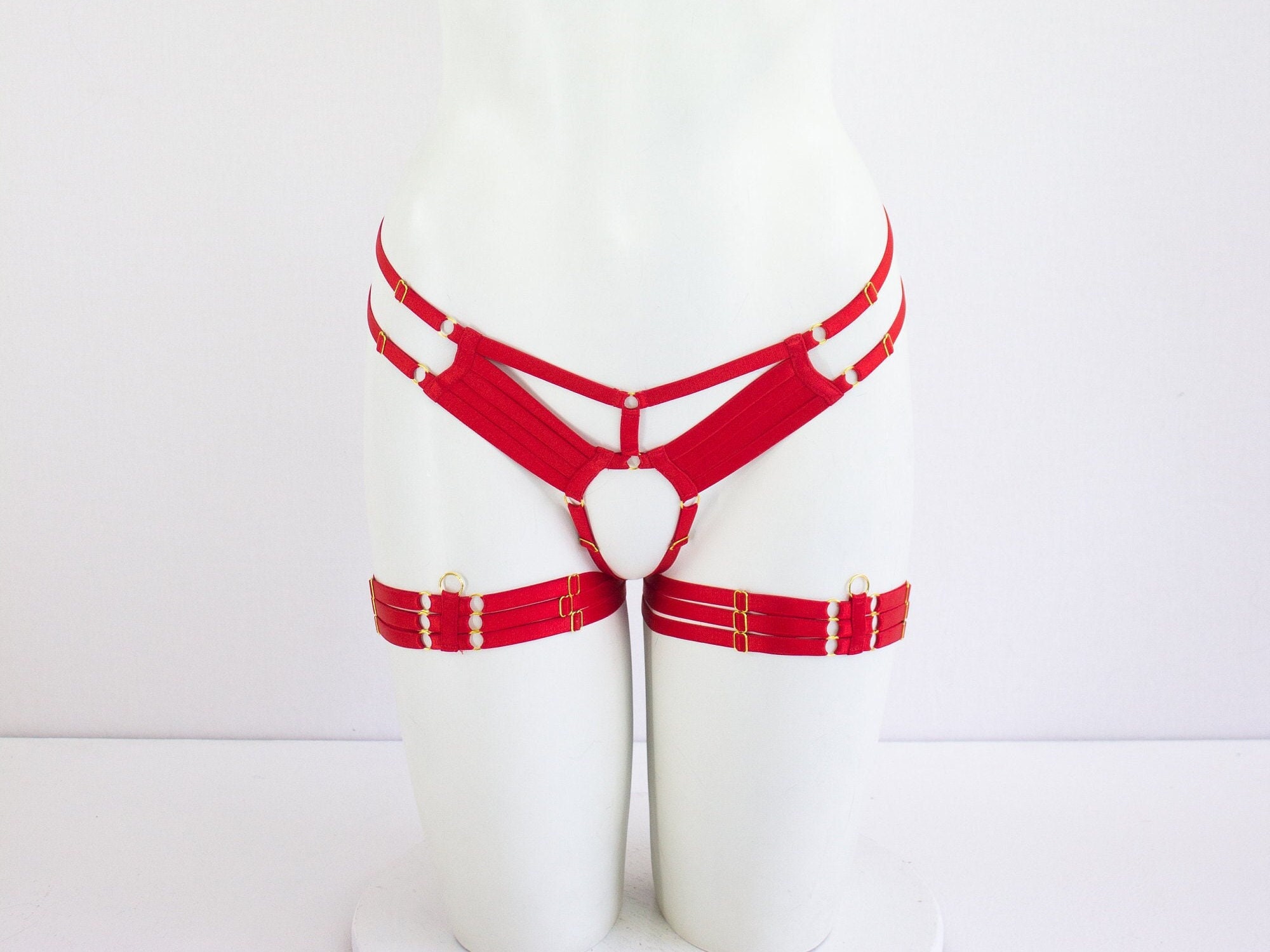 Red Body Harness Lingerie: Red Panties, Open Crotch Knickers, Strappy  Harness Panties, Red Leg Garter Belt, Adjustable Harness, Exotic Dance