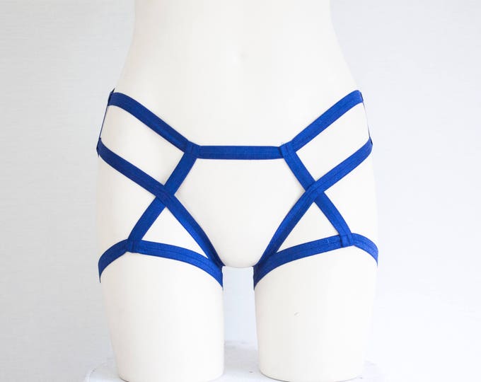 Navy Blue Shorts: Booty Shorts, Harness Lingerie, Dancewear, EDM, Festival Shorts, Blue Briefs, Strappy Panties, Open Crotch, Cut Out, Sheer