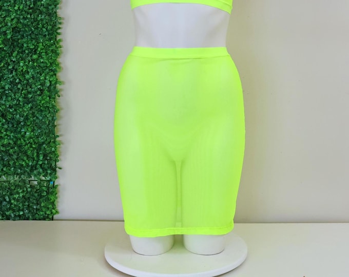 Sheer Mesh Festival Bralette and Pencil Skirt: Glow UV Blacklight Rave Floor Lingerie Outfit Set Exotic Dancewear Set