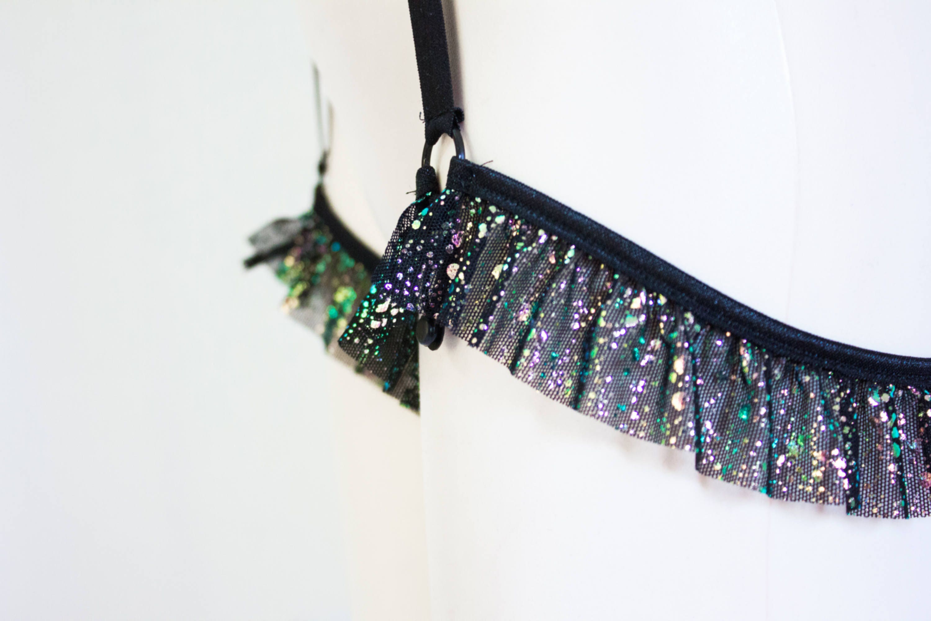 Black Harness Garter Belt Lingerie Holographic Glitter Mesh Etsy