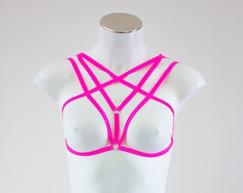 Neon Pink Cage Bralette, Festival Top, Rave Bikini, Body Harness Lingerie, Sexy Strappy Outfit, Exotic Dancewear, Glow Clothing, EDM, Go Go