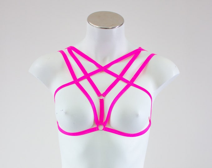 Neon Pink Cage Bralette, Festival Top, Rave Bikini, Body Harness Lingerie, Sexy Strappy Outfit, Exotic Dancewear, Glow Clothing, EDM, Go Go