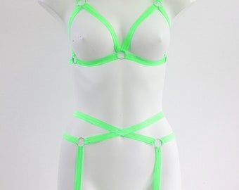 GLOW in the Dark Cage Bra Panty Set💋Choker Strappy Neon Rave Sexy Lingerie  