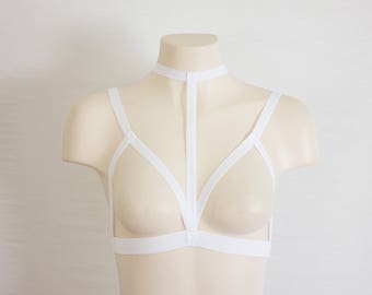 White Bralette: White Body Harness Lingerie, Glow Clothing, Festival Crop Top, Exotic Dancewear, Triangle Bra, Boudoir, White Strappy Shirt