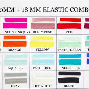 Op de afbeelding: Een kaart met 18 verschillende kleuren van 10 mm en 18 mm elastiek. De kleuren omvatten pastelroze, roze, neonroze, stoffig roze, rood, wijnrood, pasteloranje, neonoranje, herfstoranje, oranje, geel, pastelgroen, tropisch, neongroen, smaragdgroen, saliegroen, aquablauw, pastelblauw, neonblauw, blauw, marineblauw, pastelpaars, neonpaars, grijs, wit, en zwart.