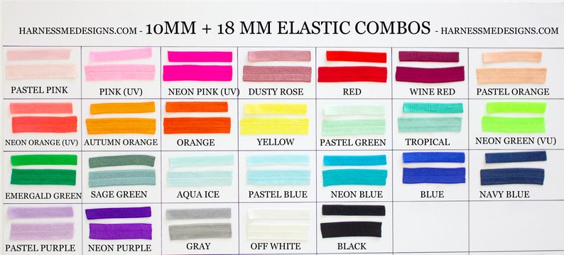 Op de afbeelding: Een kaart met 18 verschillende kleuren van 10 mm en 18 mm elastiek. De kleuren omvatten pastelroze, roze, neonroze, stoffig roze, rood, wijnrood, pasteloranje, neonoranje, herfstoranje, oranje, geel, pastelgroen, tropisch, neongroen, smaragdgroen, saliegroen, aquablauw, pastelblauw, neonblauw, blauw, marineblauw, pastelpaars, neonpaars, grijs, wit, en zwart.