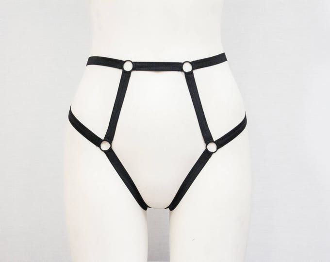 Black High Waist Underwear: Body Harness Lingerie, Open Crotch, Thong Panties, Bondage Lingerie, Strappy Lingerie, Exotic Dancewear, Pin Up