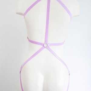 May include: A lavender colored harness with multiple straps and rings. The harness is designed to be worn on the body.