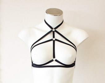 Sexy Skinny Strap Strappy Black Go Go Rave Festival Halter Top Cage Bralette Exotic Dancewear Costume BDSM Goth Black Body Harness Lingerie