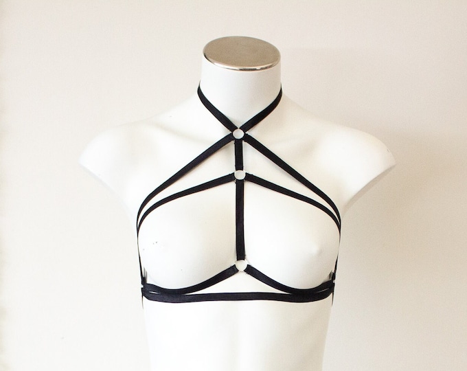 Sexy Skinny Strap Strappy Black Go Go Rave Festival Halter Top Cage Bralette Exotic Dancewear Costume BDSM Goth Black Body Harness Lingerie