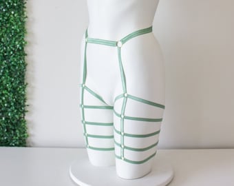 Strappy Legging Body Harness Lingerie Dance Festival Cage Shorts: Sage Green High Waist Open Crotch Panties, Thin Stretchy Cage Shorts, Rave