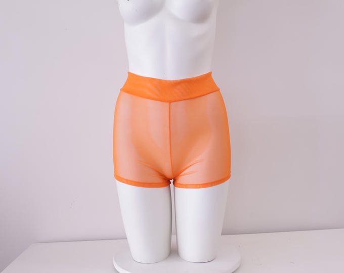High Waist Sheer Mesh Orange Booty Shorts: Festival Rave Fashion, Stripper Outfit, Short Shorts, Cheeky Shorts
