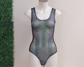 Black Sheer Oilslick Mesh Tank Top Style Bodysuit: Festival Rave Exotic Dancewear Outfit Woman's Fashion, Rainbow Tank, Playsuit, Swimsuit