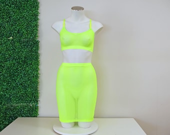 Sheer Mesh Festival Bralette and Pencil Skirt: Glow UV Blacklight Rave Floor Lingerie Outfit Set Exotic Dancewear Set
