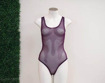 Sheer Mesh Tank Top Style Bodysuit: Festival Rave Exotic Dancewear Outfit Woman's Fashion Plum Purple