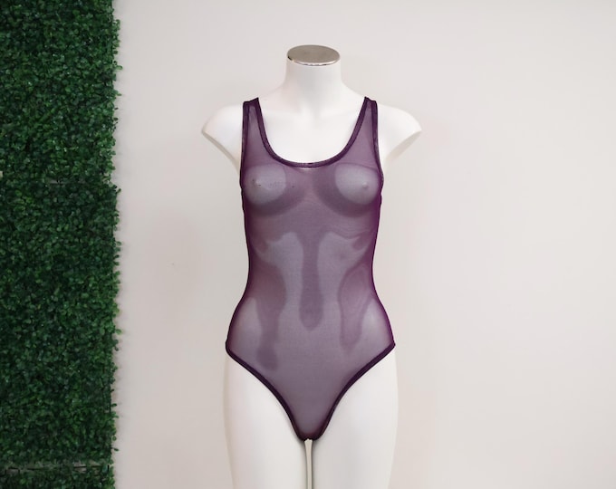 Sheer Mesh Tank Top Style Bodysuit: Festival Rave Exotic Dancewear Outfit Woman's Fashion Plum Purple
