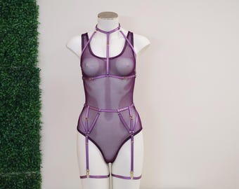 Sheer Mesh Tank Top Style Bodysuit With Harness Lingerie Set: Festival Rave Exotic Dancewear Outfit Woman's Fashion Plum Purple