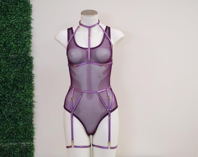 Sheer Mesh Tank Top Style Bodysuit With Harness Lingerie Set: Festival Rave Exotic Dancewear Outfit Woman's Fashion Plum Purple