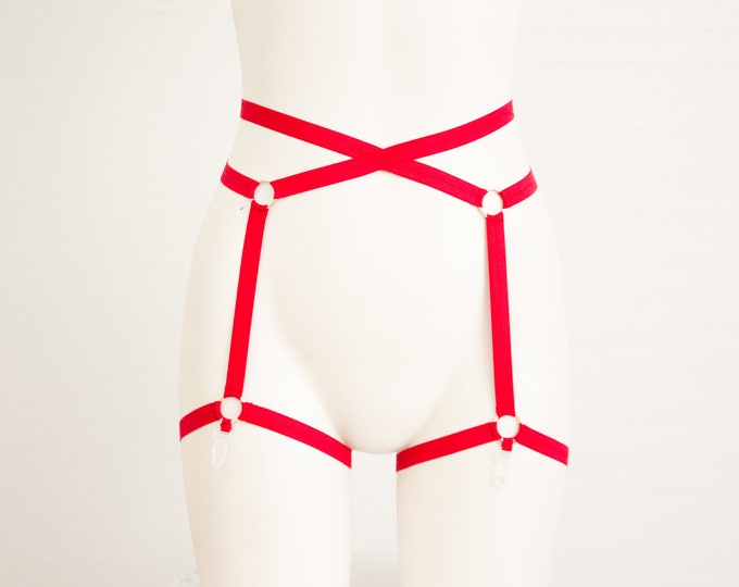 Sexy Red Garter Belt: Body Cage Garters, Body Harness Garter Belt, Sexy Red Lingerie, Strappy Lingerie, Festival Harness, Plus Size Lingerie