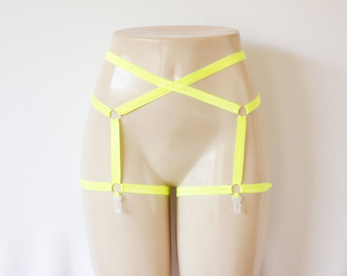 Yellow Garter Belt: Body Harness Lingerie, Strappy Garter Belt, Festival Shorts, Rave Outfit, Exotic Dancewear, Burlesque Costume Lingerie