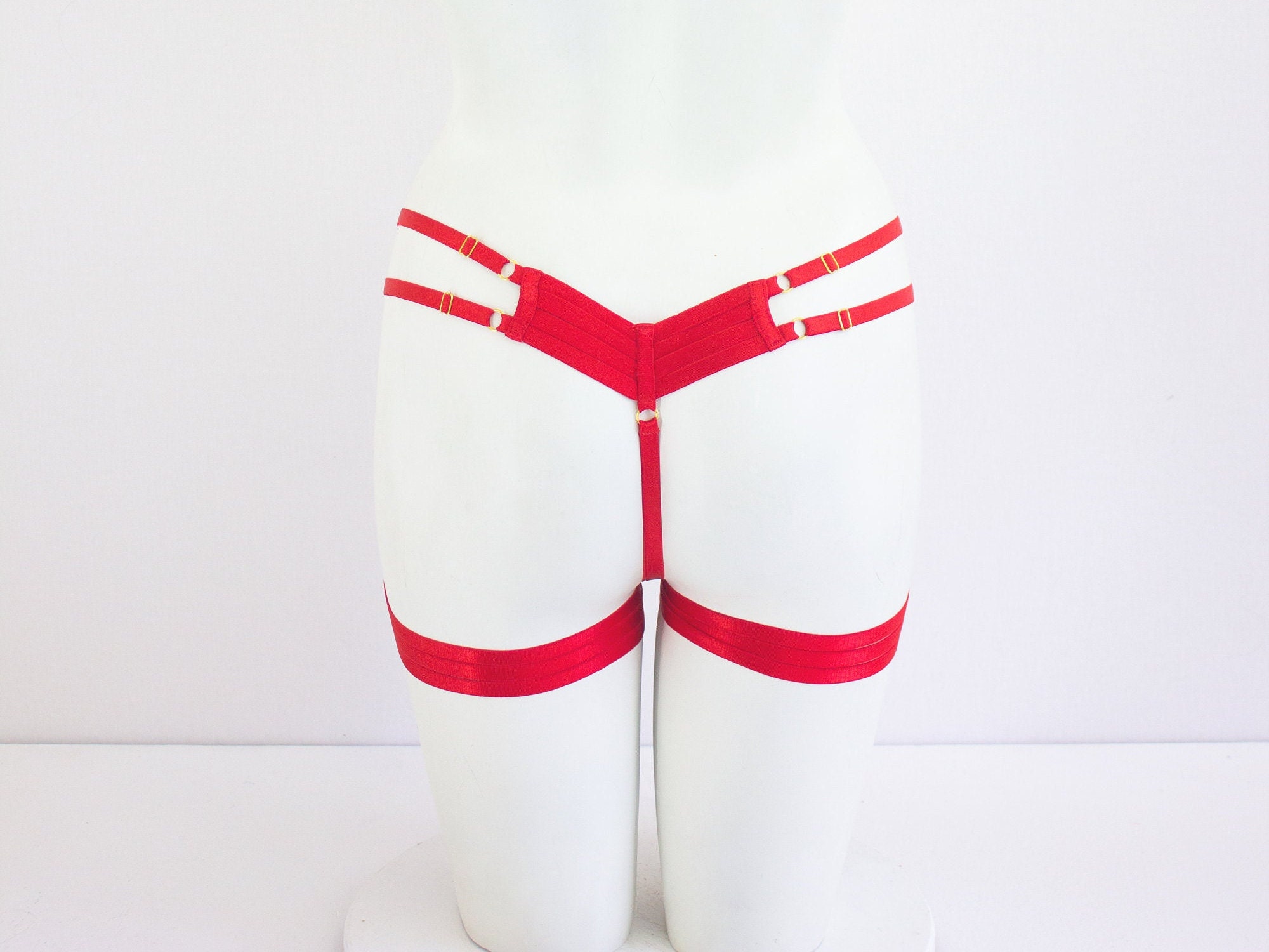 Red Body Harness Lingerie: Red Panties, Open Crotch Knickers