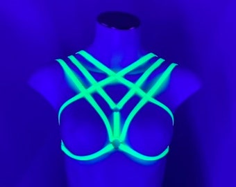 Neon Green Cage Bralette, Festival Top, Rave Bikini, Body Harness Lingerie, Sexy Strappy Bra, Exotic Dancewear, Glow Clothing, Plus Size