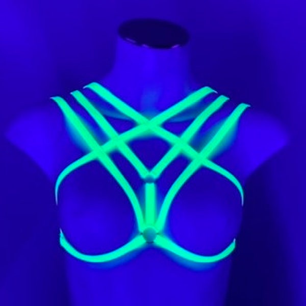 Neon Green Cage Bralette, Festival Top, Rave Bikini, Body Harness Lingerie, Sexy Strappy Bra, Exotic Dancewear, Glow Clothing, Plus Size