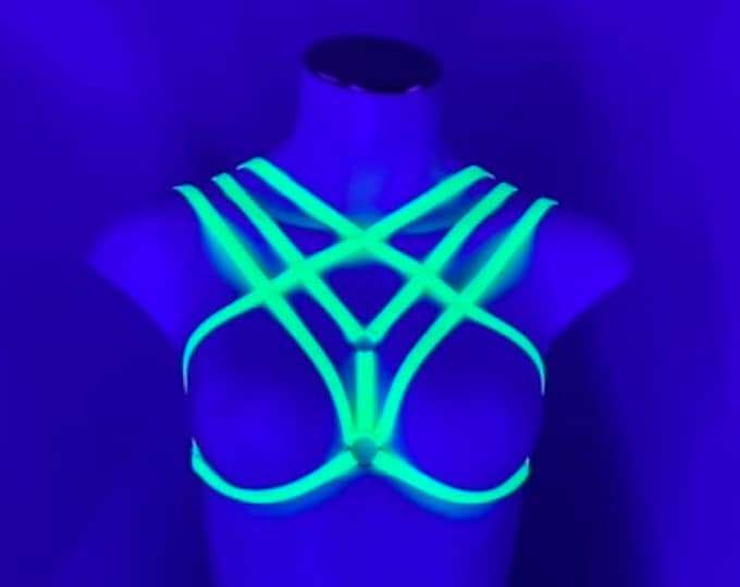 Neon Green Cage Bralette, Festival Top, Rave Bikini, Body Harness Lingerie, Sexy Strappy Bra, Exotic Dancewear, Glow Clothing, Plus Size