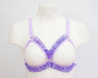 Purple Body Harness: Cage Bralette, Oil Slick, Lavender Purple, Festival Top, Woman's Fashion, Burlesque Boudoir, Strappy Dancewear, Exotic