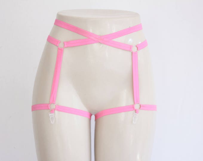 Pink Cage Garter Belt: Festival Shorts, Glow Clothing, Exotic Dancewear, Neon Pink Body Harness, Neon Lingerie, Pink Underwear, Pin Up Style