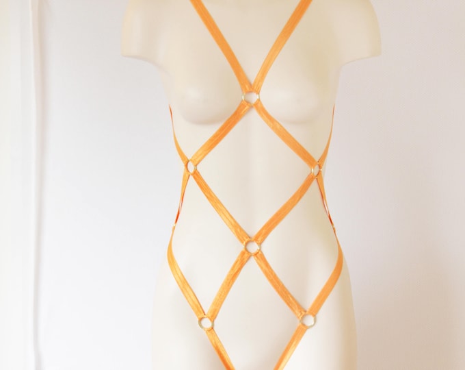 Orange Body Harness: Orange Lingerie, Exotic Dancewear, Festival Bodysuit, Strappy Lingerie, Burlesque Costume, Pumpkin Costume, Fish Net