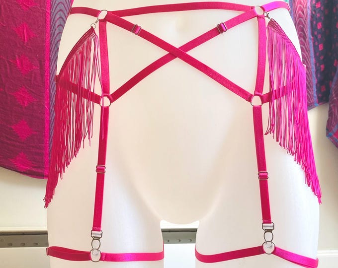 Rose Pink Cage Garter Belt with Tassels, Adjustable