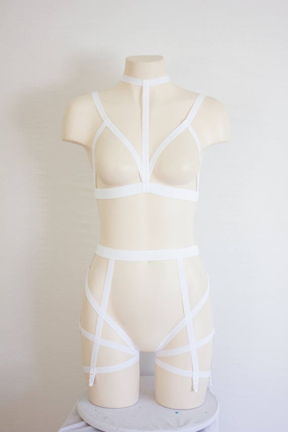 White Body Harness Lingerie: White Bralette Cage Bra Exotic Dancewear  Strappy Lingerie Wedding Garter Belt Bondage Wedding Lingerie, Garter -   Canada