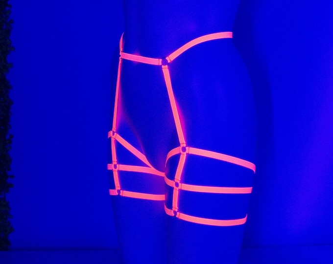 Neon Orange Booty Shorts: Festival Harness, Cage Panties, Blacklight UV Glow Festival Fashion, High Waist Underwear, Rave Harness, PoleDance