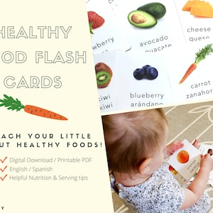Healthy Food Flashcards | Digital Download PDF Printable | English, Spanish | Toddler, Preschool | Nutrition