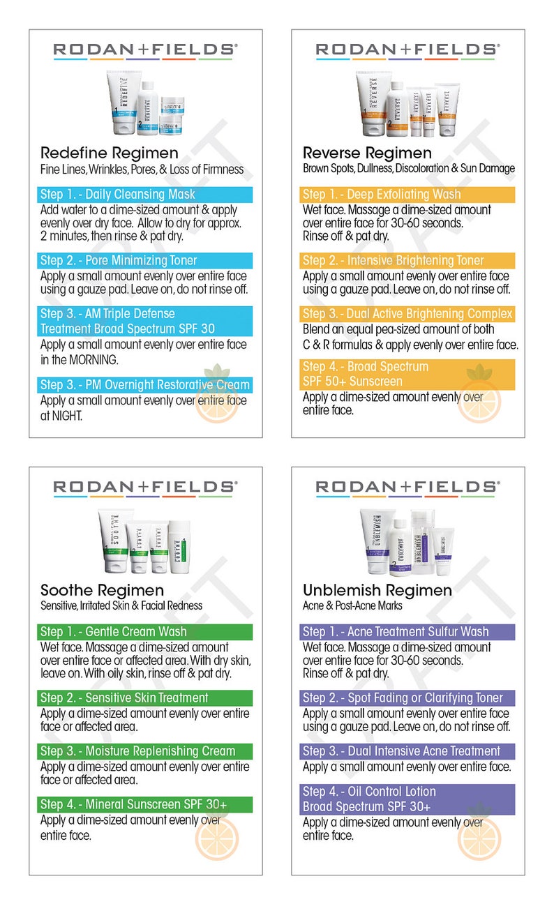 Rodan and Fields Regimen Instructions - Sized as Business Cards for ...