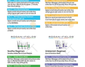 Rodan and Fields Regimen Instructions - Redefine, Reverse, Soothe, and Unblemish - 4 x 6 Cards for Distributing Samples to Potential PC's