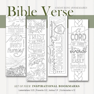 Può includere: Set di quattro segnalibri stampabili in bianco e nero con versetti biblici ispiratori. I versetti sono: "Le sue misericordie sono nuove ogni mattina" (Lamentazioni 3:23), "Confida nel Signore con tutto il tuo cuore" (Proverbi 3:5), "Sii forte e coraggioso" (Giosuè 1:9) e "Una corda di tre fili non si spezza facilmente" (Ecclesiaste 4:12).